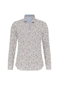 Langarmhemd aus einem hellen Stoff mit floralem und paisley-artigem Muster in Blau-, Gelb- und Brauntönen. Klassisches Kragen-Design.