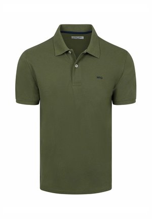 Olivgrünes Poloshirt mit kurzen Ärmeln, Zwei-Knopf-Leiste und kleinem marineblauen „M·C·G“-Logo auf der linken Brust.