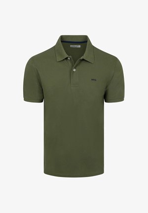 Olive green short-sleeve polo shirt with two-button placket and small navy "M·C·G" logo on left chest.