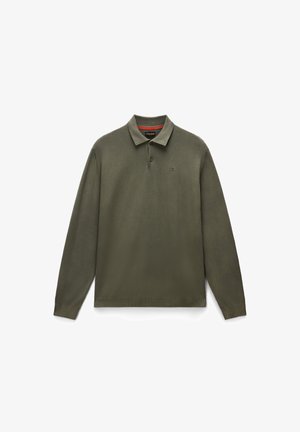 Langarm-Poloshirt in Olivgrün aus strukturiertem Stoff. Verfügt über einen gerippten Kragen, eine Zwei-Knopf-Leiste und ein dezentes Logo auf der Brust.