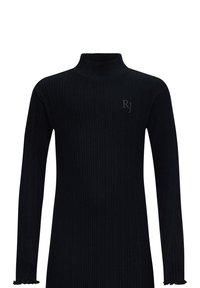 Schwarz, ribbeliges Strick-Turtleneck-Kleid mit langen Ärmeln und Rüschensäumen. Mit dezentem "RJ"-Logo auf der Brust. Sanfte Textur.