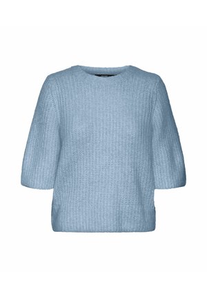 Pull en tricot bleu clair texturé avec manches courtes bouffantes et encolure ronde sur fond blanc.