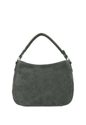 Borsa a tracolla in suede grigio scuro con un manico singolo e una forma rettangolare curva e semplice su sfondo bianco.