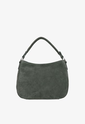 Sac d'épaule en daim gris foncé avec une seule poignée et une forme rectangulaire simple et incurvée sur fond blanc.