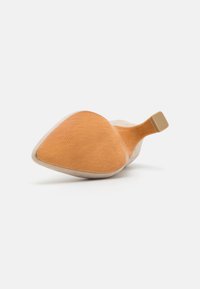 Chaussure à talon haut beige avec un bout pointu, dessus en daim, talon en bois et semelle en caoutchouc texturé. Accent doré sur le talon.