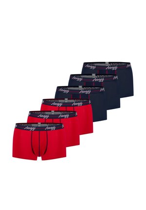 Pakke med seks herreboxershorts i skiftevis rød og marineblå, med mørke taljebånd med "sloggi"-branding i hvid.