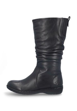 Bota negra de cuero hasta la rodilla con diseño holgado, punta redondeada y caña texturizada. Cuenta con cremallera trasera y suela plana de goma.