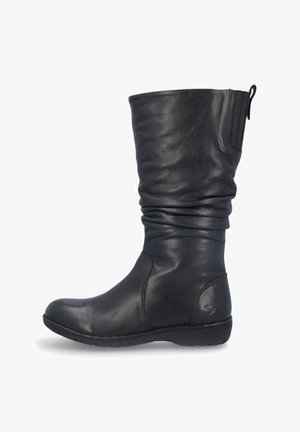 Bota negra de cuero hasta la rodilla con diseño holgado, punta redondeada y caña texturizada. Cuenta con cremallera trasera y suela plana de goma.