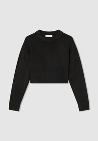 Czarny krótki sweter z okrągłym dekoltem, długimi rękawami oraz prążkowanymi detalami u dołu i przy mankietach. Miękka tekstura, minimalistyczny design.