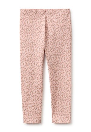 Rosa Leggings mit braunem und dunklerem pinkfarbenem Leopardenmuster, flach liegend mit elastischem Bund und geraden Beinen.