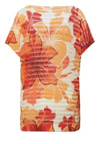 Floraloberteil mit orangefarbenen und roten Blumen auf einem cremefarbenen Hintergrund. Strukturiertes Gewebe mit kurzen Ärmeln und entspannter Passform.