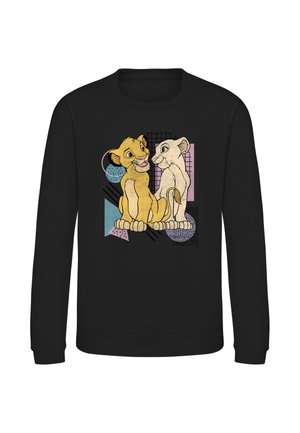 Schwarzer Sweatshirt mit bunter Grafik von zwei jungen Löwenjungen, die sitzen und sich anschauen, mit geometrischen Formen im Hintergrund.
