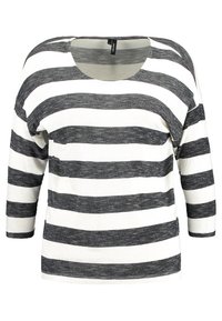 Valkoinen ja musta raidallinen pitkähihaisessa paidassa on leveä, avara kaula-aukko ja rento istuvuus. Pehmeä kangas, jossa on teksturoitu pinta ja kontrastivärit.