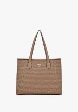Beżowa pleciona torba tote z teksturowanym wzorem, podwójnymi uchwytami u góry i trójkątnym akcentem logo na środku. Gładkie skórzane wykończenia.