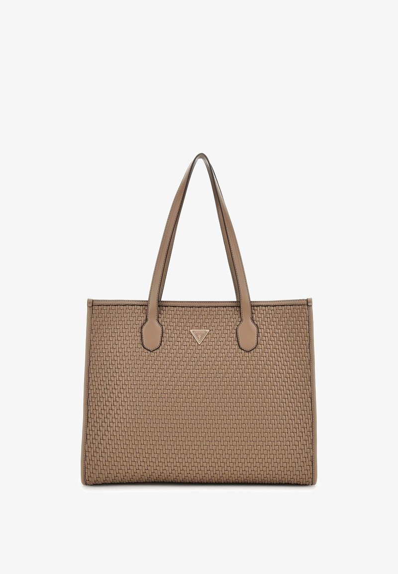 Borsa tote intrecciata beige con motivo testurizzato, doppi manici superiori e un accento a forma di triangolo al centro. Rifiniture in pelle liscia.