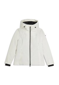 Giacca impermeabile bianca con cappuccio, zip nere, cordini regolabili e polsini neri. Texture liscia, design moderno e sagomato.