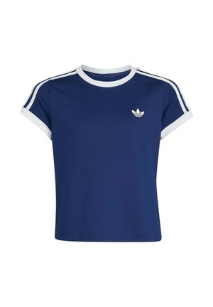 Navy blauwe cropped T-shirt met witte ronde hals, witte mouwboorden, witte schouderstrepen en klein wit Adidas-logo aan de voorkant.