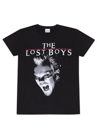 Svart bomullströja med en vit och grå grafisk design av ett skrikande ansikte, med texten "THE LOST BOYS" i fet vit och röd.