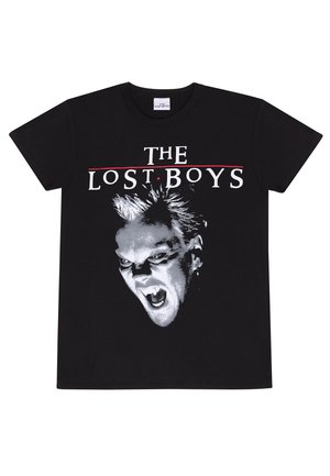Schwarzes Baumwoll-T-Shirt mit einem weißen und grauen Grafik eines schreienden Gesichts, mit dem Text "THE LOST BOYS" in fettem Weiß und Rot.