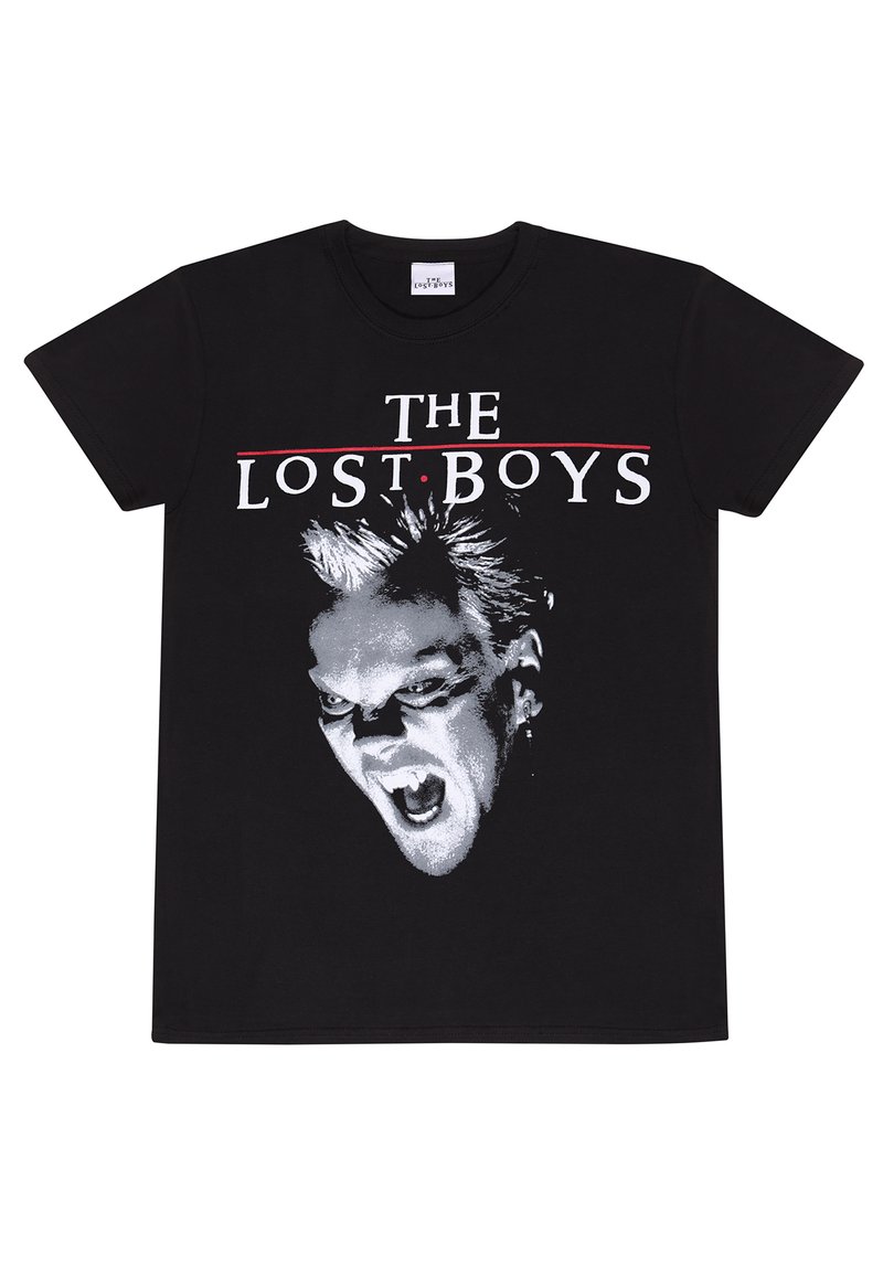 Svart bomullströja med en vit och grå grafisk design av ett skrikande ansikte, med texten "THE LOST BOYS" i fet vit och röd.