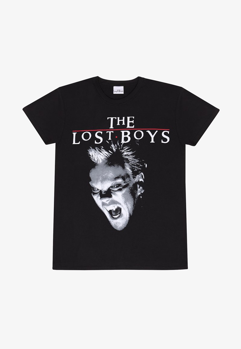 Camiseta de algodón negra con un gráfico en blanco y gris de una cara gritando, con el texto "THE LOST BOYS" en negrita blanca y roja.