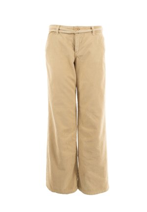 Beige wide-leg trousers made from corduroy fabric, featuring a button closure and belt loops. Straight cut with subtle vertical stripes.