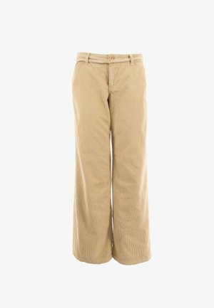 Pantalones de pierna ancha color beige hechos de tela de pana, con cierre de botón y trabillas para cinturón. Corte recto con sutiles rayas verticales.