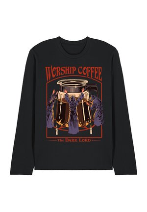 Black long-sleeve shirt with graphic of robed figures worshipping a coffee pot, with text "Worship Coffee" and "The Dark Lord" in red and orange.