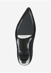 Schwarze Wildleder-Pumps mit spitzer Form und glatter Ledersohle. Besitzt eine silberne Akzentuierung am Absatz sowie eine strukturierte Gummisohle.