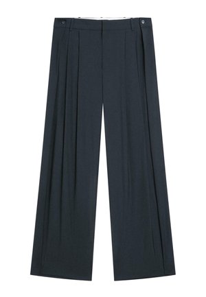 Spodnie o szerokich nogawkach w ciemnym granatowym kolorze, wykonane z gładkiej tkaniny. Posiadają przednie zakładki, zapięcie na guzik i zamek oraz dwie boczne kieszenie.