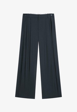 Kalhoty s širokými nohavicemi v tmavě námořnické modři, vyrobené z hladké látky. Mají přední záhyby, zapínání na knoflík a zip a dvě boční kapsy.