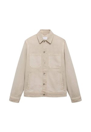 Beige denim takki, jossa on napitettava etuosa, kaksi rintataskua ja pitkät hihat. Sileä pinta, jossa on näkyviä ompeluyksityiskohtia.