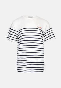 T-shirt en coton blanc avec des rayures horizontales navy, portant le texte "L'AM♥UR" en rouge sur la poitrine. Manches courtes, design col rond.