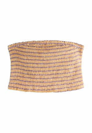 Pruhovaný elastický tube top s fialovými a žltými vodorovnými pruhmi a textúrovaným, nariaseným vzorom látky.