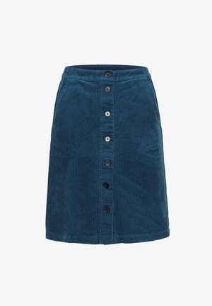 Sötét teal színű kordbársony szoknya, függőleges bordázott textúrával, derékrész pánttal, és elöl hat fekete gombbal záródik.