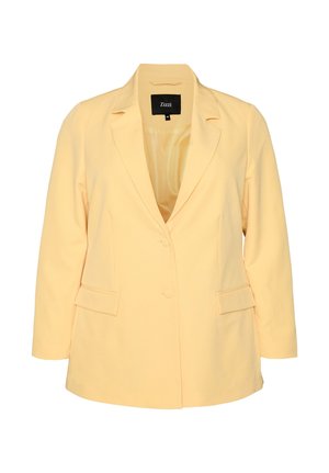 Vaaleankeltainen naisten bleiseri lovikauluksella, kaksi etutaskua läpällä, kaksi nappia ja sileä vuori, koko 46, valmistaja Zizzi.