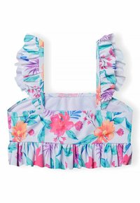 Stanik bikini w kwiatowy wzór z falbaniastymi ramiączkami i obszyciem. Charakteryzuje się żywymi różowymi, pomarańczowymi i turkusowymi kwiatami na jasnoniebieskim tle.