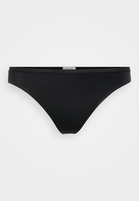 Black bikini-style underwear made of smooth fabric, featuring a wide elastic waistband with the Calvin Klein logo on the front.