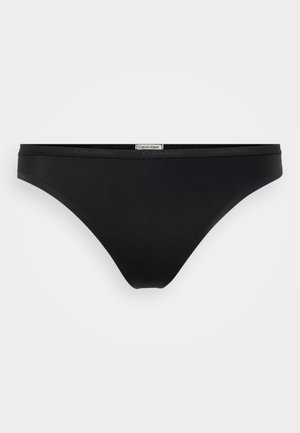 Zwarte bikini-onderbroek van gladde stof, met een brede elastische tailleband waarop het Calvin Klein-logo aan de voorkant staat.