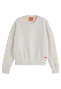 Jasny sweatshirt z wzorem tie-dye w pastelowych odcieniach. Posiada okrągły dekolt, elastyczne mankiety oraz małą różową metkę na dolnym końcu.