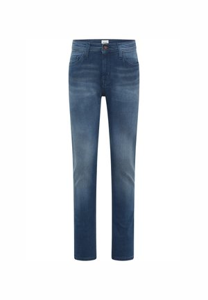 Jeans de mezclilla en azul medio, con corte recto, diseño de cinco bolsillos y cierre de botón con un ligero efecto de desvanecido.