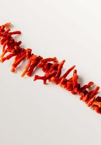 Joyería de coral rojo con formas alargadas similares a ramas. La superficie es brillante, mostrando diversas tonalidades de rojo y texturas suaves.