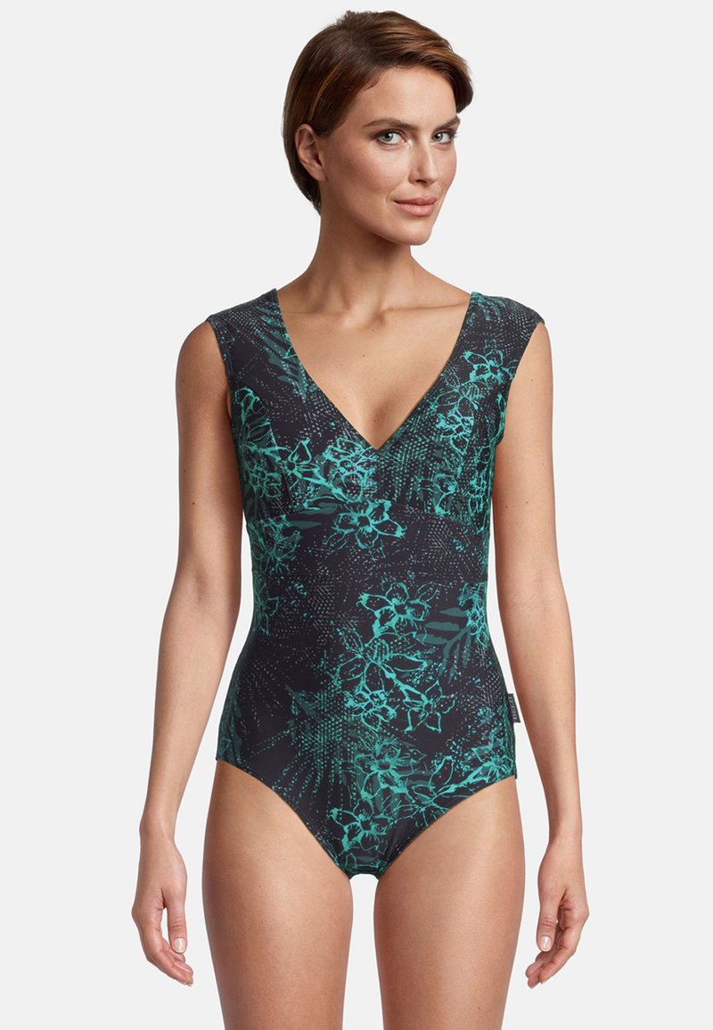 Maillot de bain une pièce noir avec un décolleté en V profond, des manches courtes et un motif floral turquoise, fabriqué dans un matériau extensible pour plus de confort.