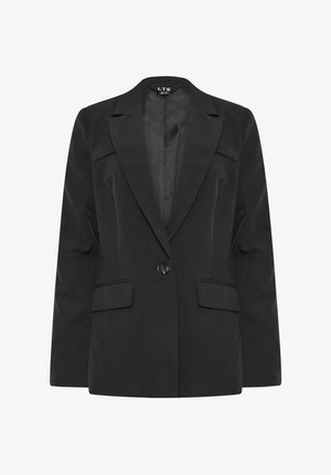 Zwarte blazer met een geknipt revers, enkele knoopsluiting, twee voorzakken en een gladde textuur. Tailored fit met een gestructureerd ontwerp.