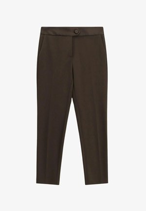 Pantaloni tapered marroni con una texture liscia, dotati di tasche frontali, chiusura con bottone e un design snello.