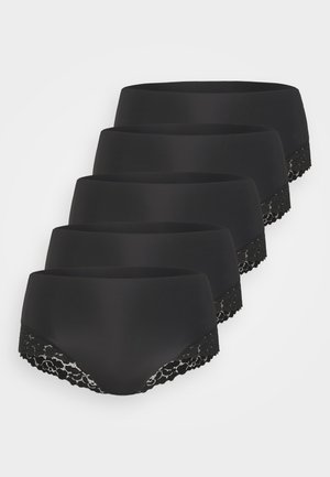 Five pairs of black underwear with a smooth fabric body and lace trim along the waistband and leg openings, displayed in a stacked arrangement.