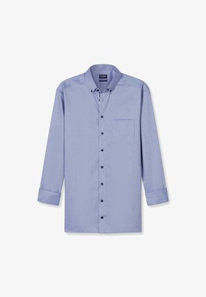 Lichtblauw overhemd met lange mouwen, knoopsluiting en een voorvak, en donkerblauwe knopen. Zachte stof met een subtiele textuur.