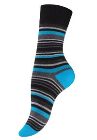 Calze a righe con colori nero, grigio e blu, con la punta blu e materiale lavorato a maglia testurizzato, che offrono un design casual.