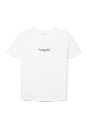 T-shirt in cotone bianco con un piccolo ricamo floreale argento sul davanti, maniche corte e scollo rotondo. Taglio dritto classico.
