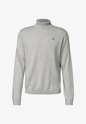 Light gray turtleneck sweater made of soft fabric, featuring long sleeves, ribbed collar, and a small logo on the left chest.